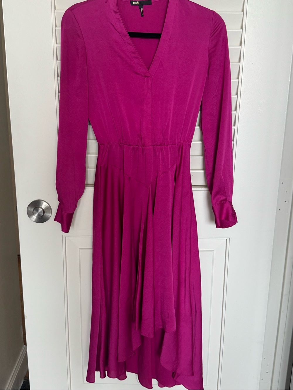 Maje Magenta V‑Neck Long Sleeve Midi Dress
